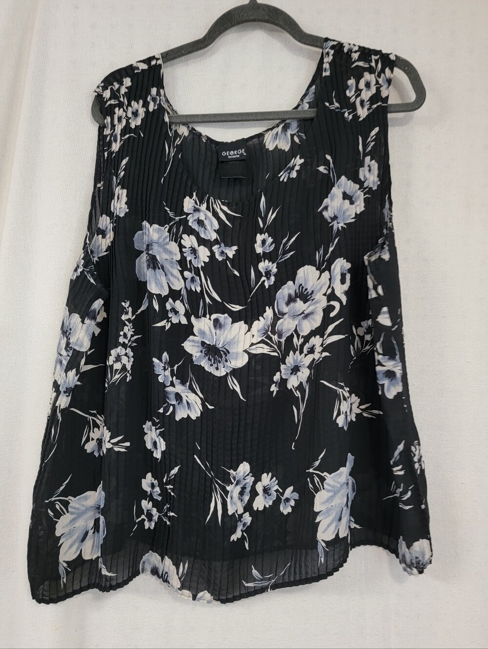 George Black Floral Pleated Sheer Top with Pale Blue Flowers